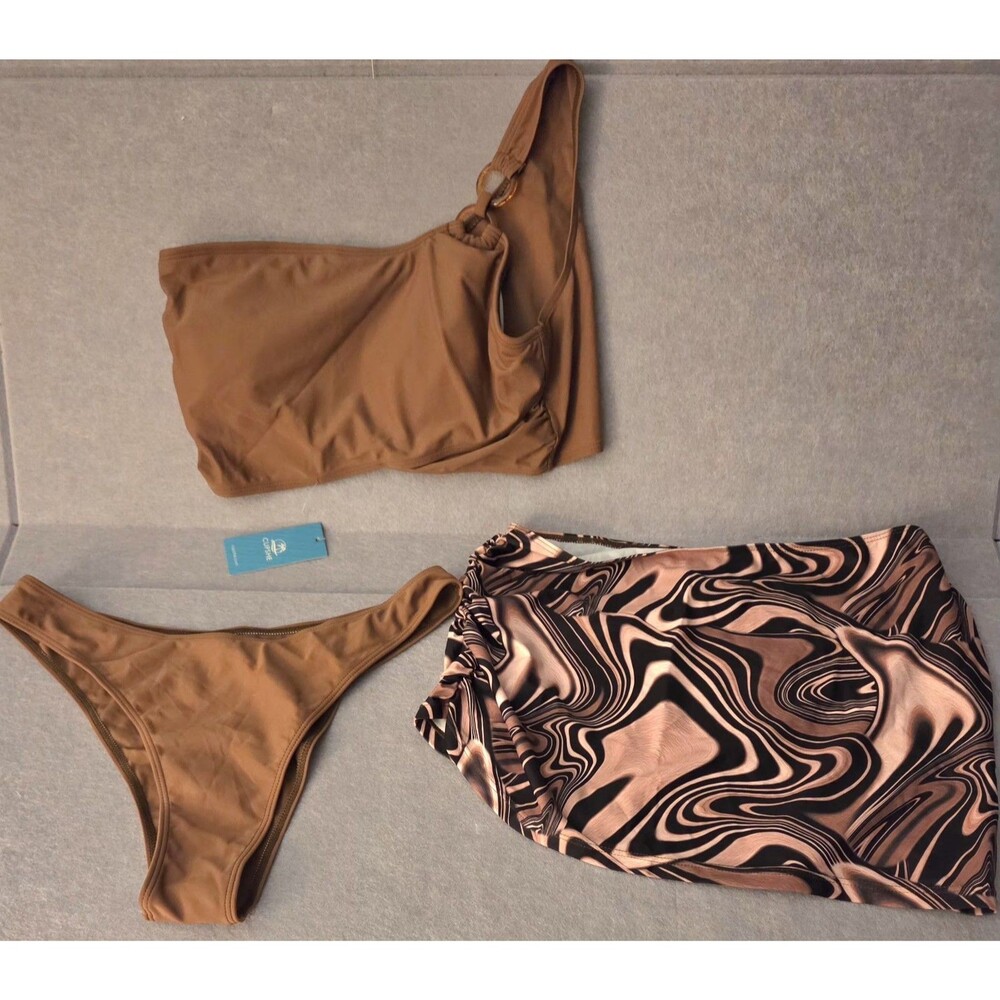 CUPSHE 3 Piece Bikini Set Sz L Brown One Shoulder Top Sarong Cover-Up NWT